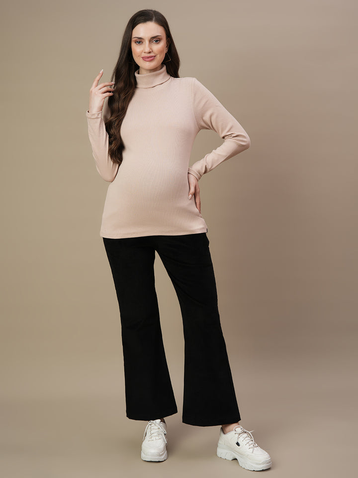 Maternity Rib-knit High Neck Top- Beige
