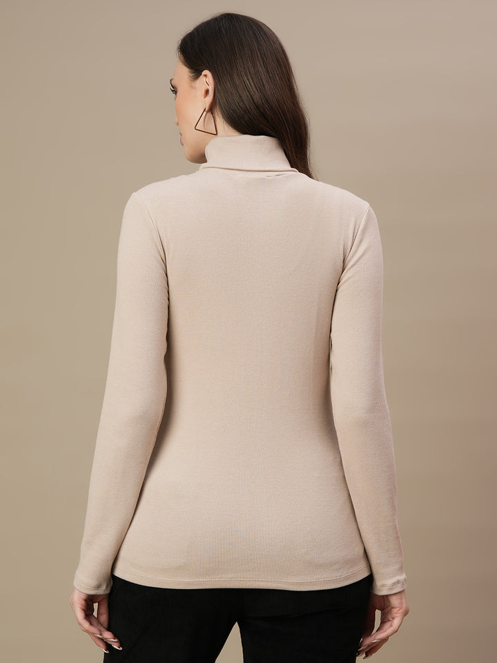 Maternity Rib-knit High Neck Top- Beige