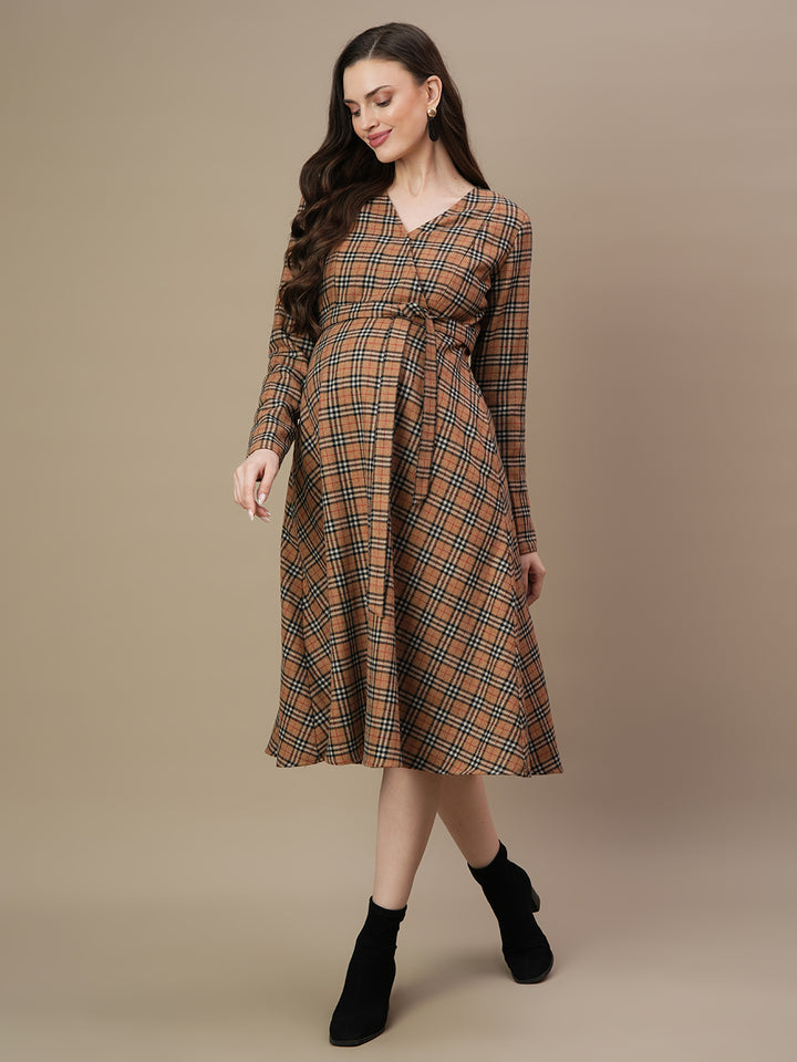 Pregnancy Woolen Midi Dress with Belt