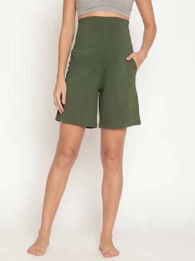 Maternity High-rise Over-belly Shorts with Adjustable Drawstring- Myrtle Green