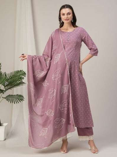 Purple Cotton Maternity & Nursing A-Line Kurta Set with Dupatta