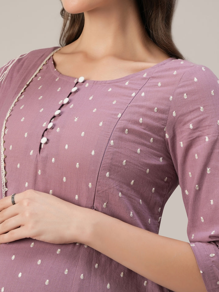 Purple Cotton Maternity & Nursing A-Line Kurta Set with Dupatta