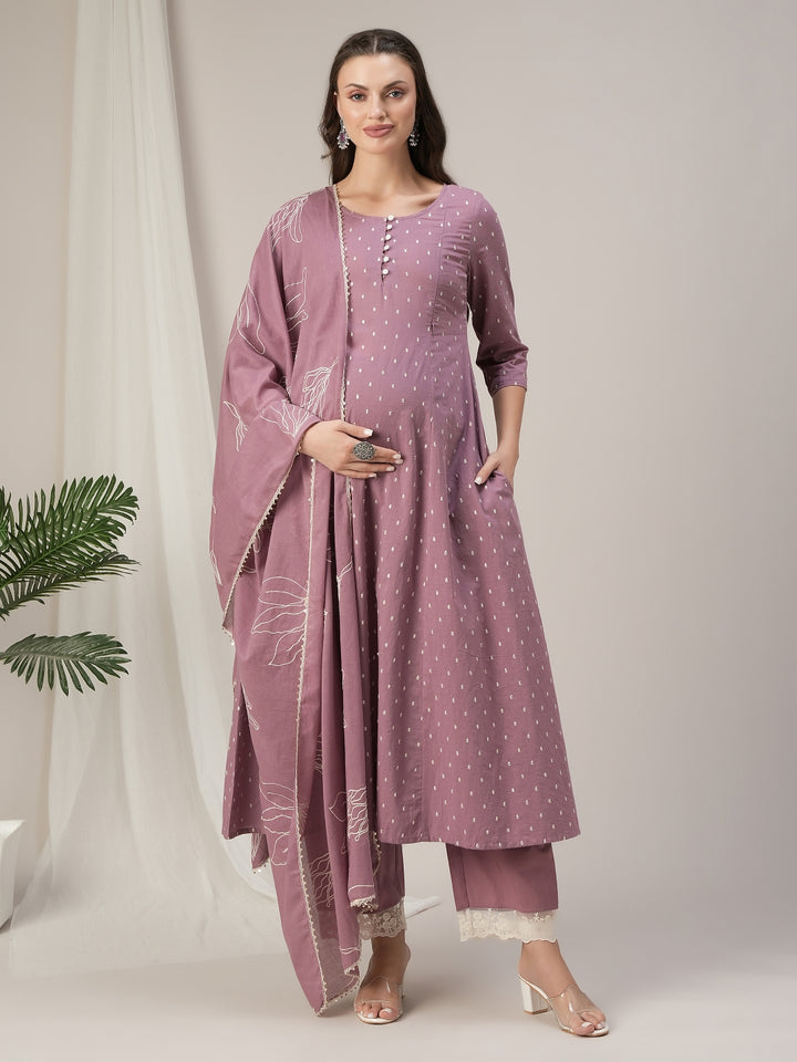 Purple Cotton Maternity & Nursing A-Line Kurta Set with Dupatta