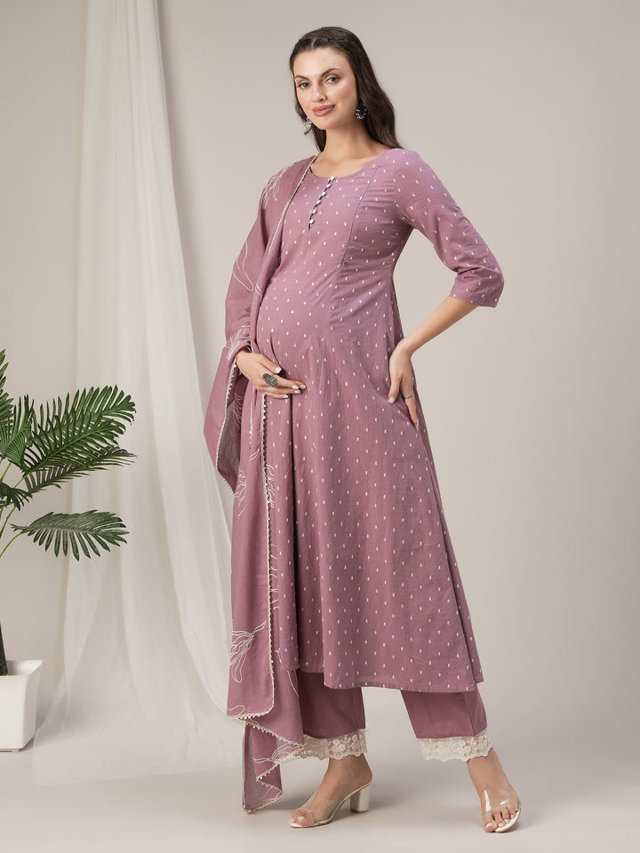 Purple Cotton Maternity & Nursing A-Line Kurta Set with Dupatta