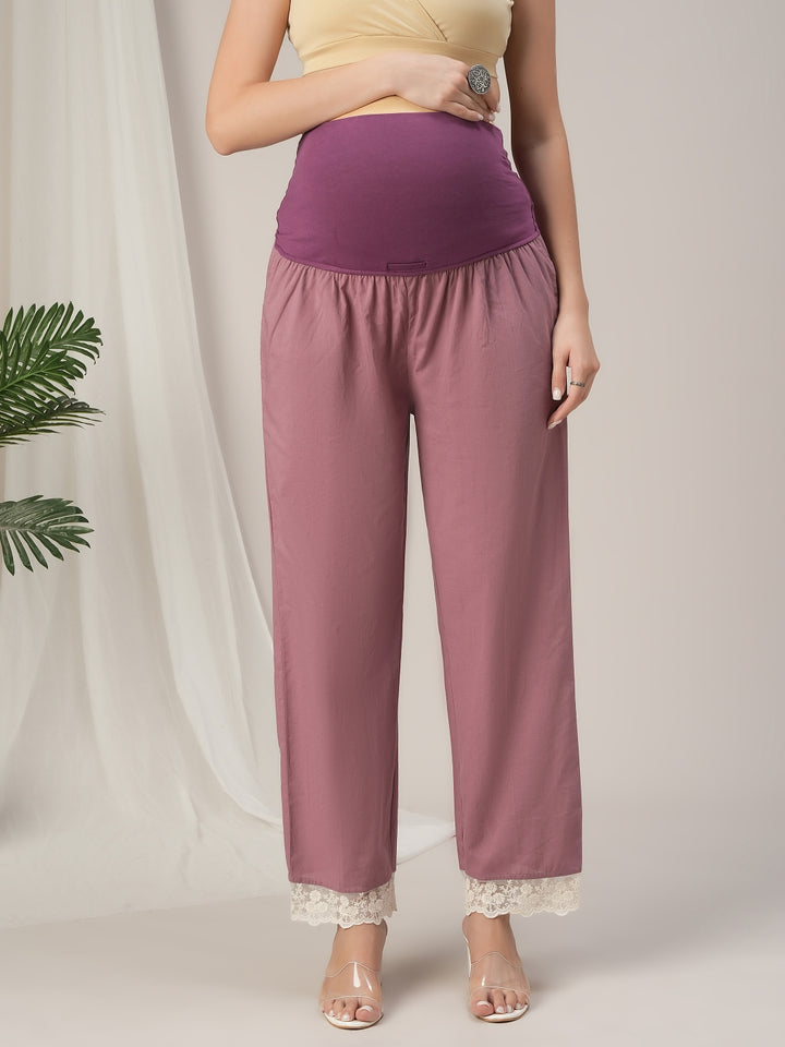 Purple Cotton Maternity & Nursing A-Line Kurta Set with Dupatta