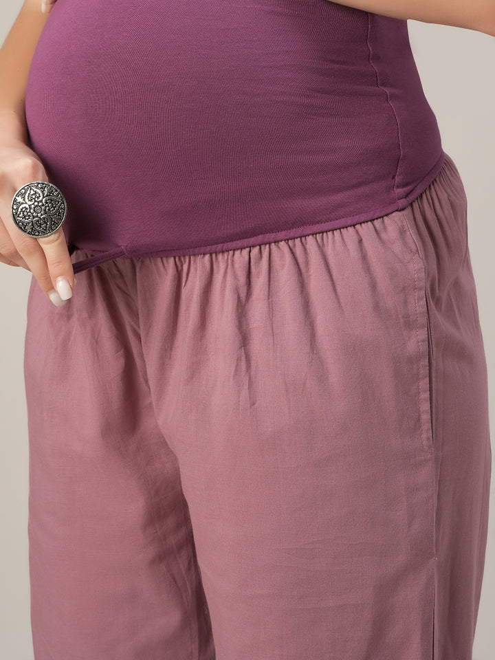 Purple Cotton Maternity & Nursing A-Line Kurta Set with Dupatta