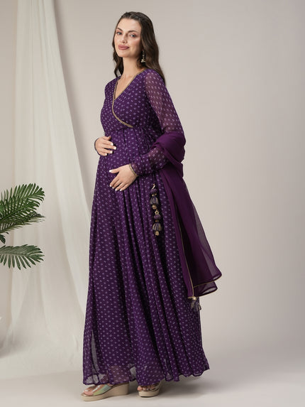 Purple Bandhani Maternity & Nursing Anarkali Gown with Dupatta