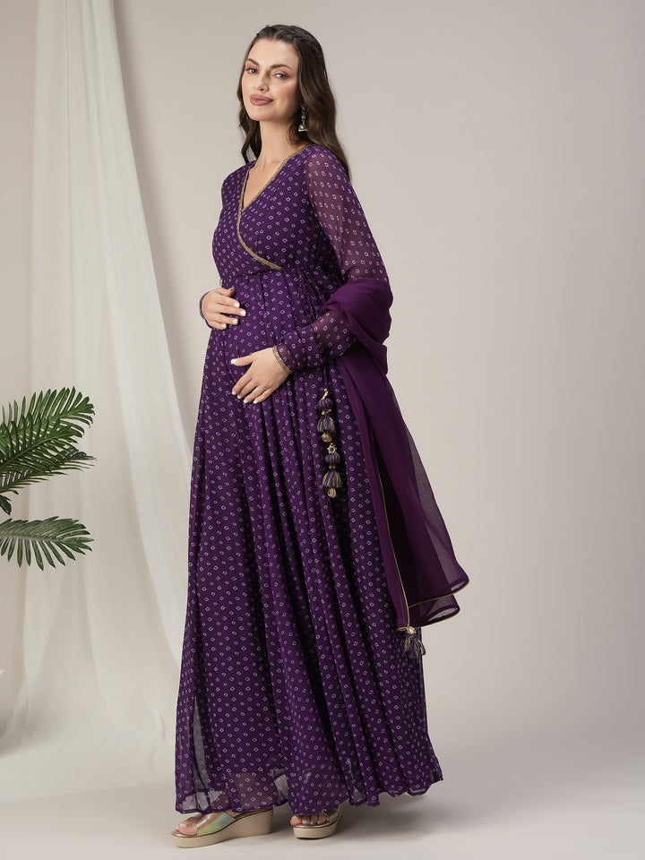 Purple Bandhani Maternity & Nursing Anarkali Gown with Dupatta
