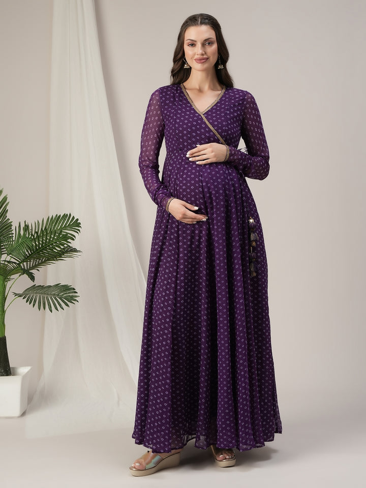 Purple Bandhani Maternity & Nursing Anarkali Gown with Dupatta