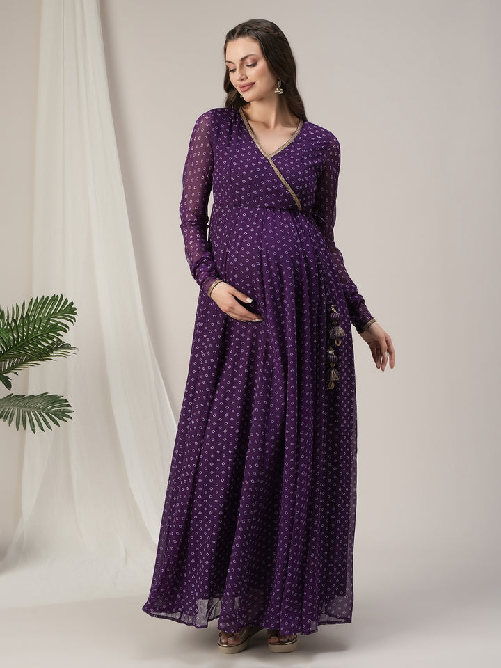 Purple Bandhani Maternity & Nursing Anarkali Gown with Dupatta