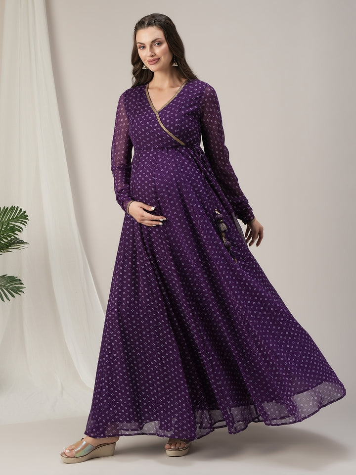 Purple Bandhani Maternity & Nursing Anarkali Gown with Dupatta