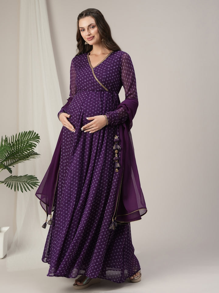 Purple Bandhani Maternity & Nursing Anarkali Gown with Dupatta