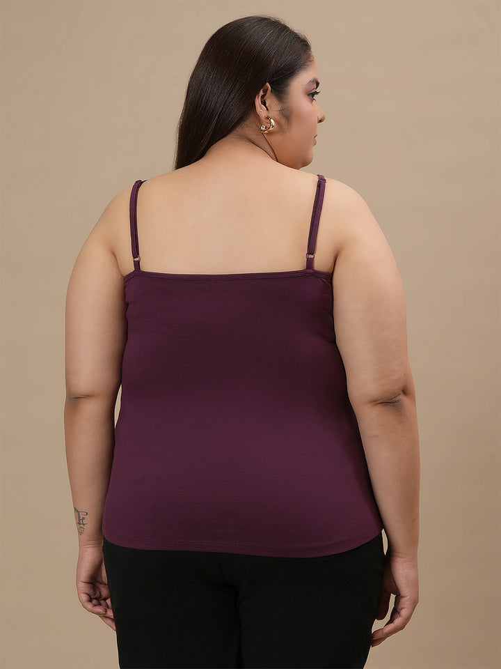 Plus-size woman in back view wearing Purple Plus Size Camisole with adjustable straps and smooth back design