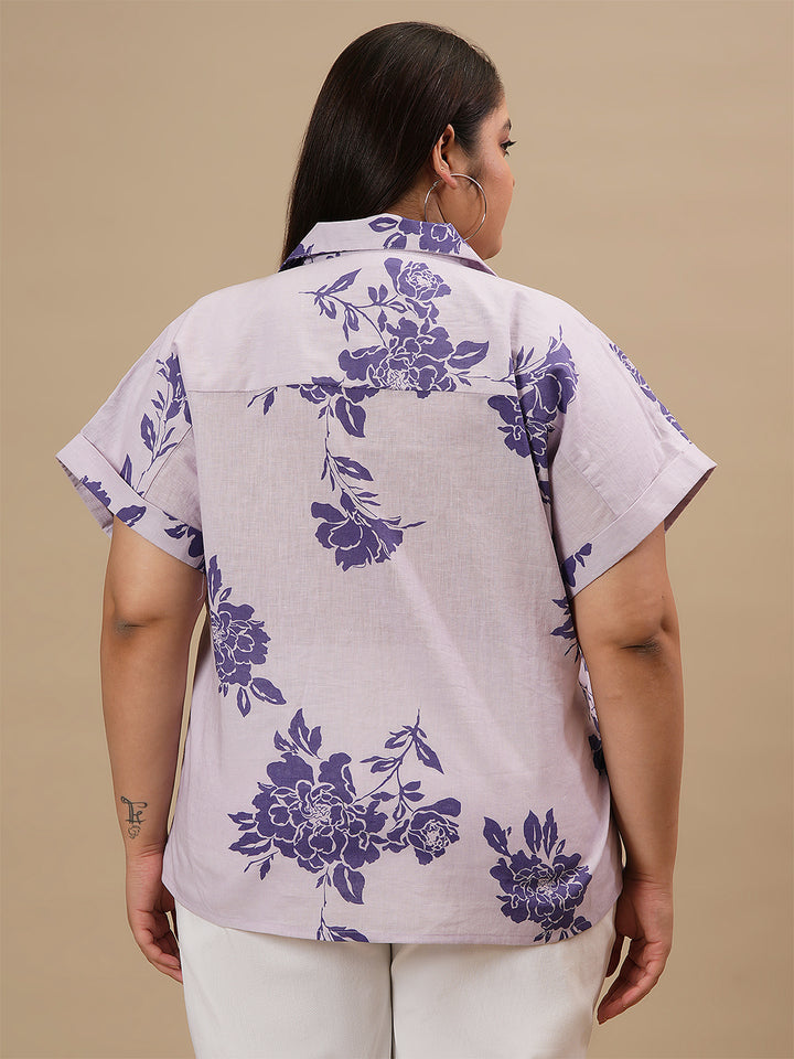 Plus-size woman in back view wearing Purple Plus Size Linen Shirt featuring long sleeves and curved hem