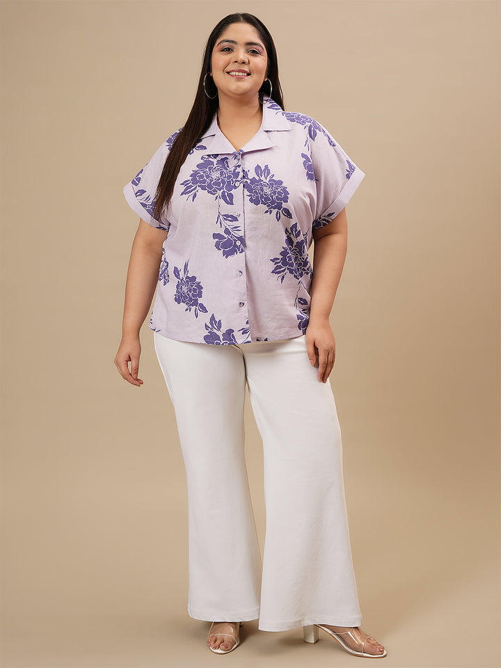 Purple Linen Cotton Shirt Floral Print Short Sleeve