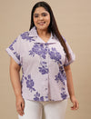Plus-size woman in front view wearing Purple Plus Size Linen Shirt with button-down front and relaxed fit