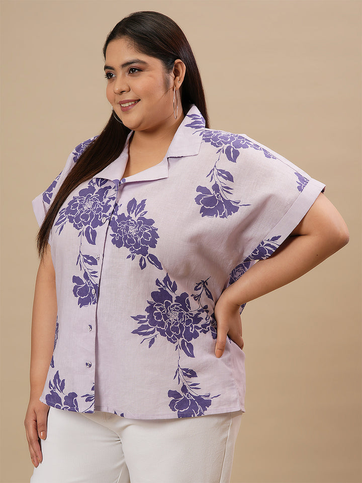 Plus-size woman in left side view wearing Purple Plus Size Linen Shirt with breathable linen fabric and casual cut