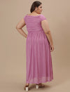 Plus-size woman in back view wearing Purple Plus Size Off Shoulder Dress with zip closure and flowy hemline