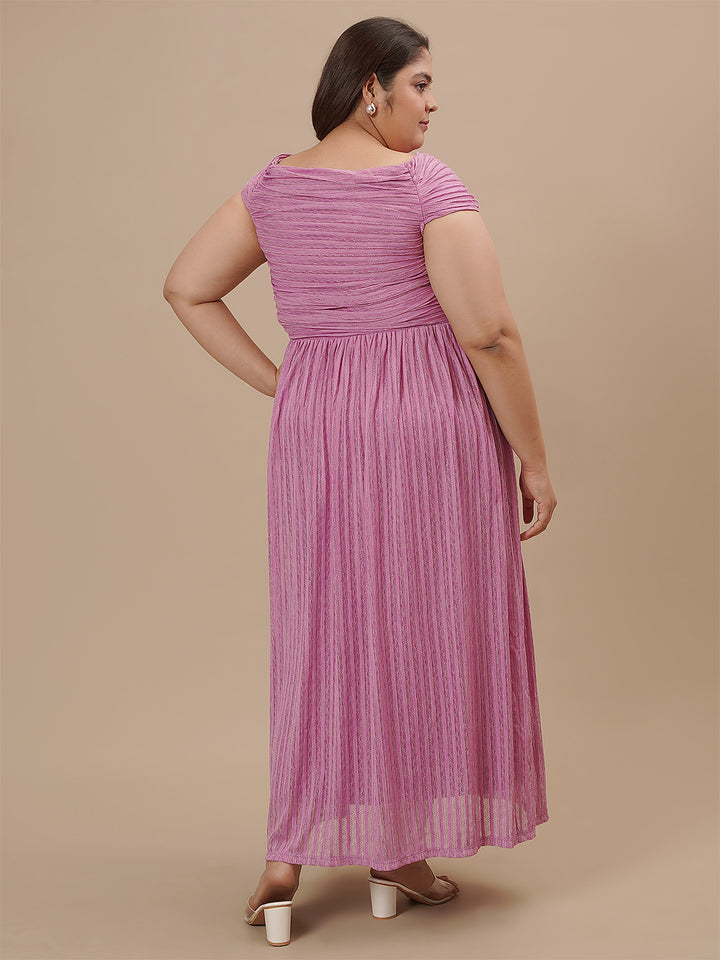 Plus-size woman in back view wearing Purple Plus Size Off Shoulder Dress with zip closure and flowy hemline