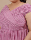 Close-up view of Purple Plus Size Off Shoulder Dress highlighting ruched detailing and smooth satin fabric