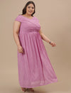Plus-size woman in front right angle view wearing Purple Plus Size Off Shoulder Dress with soft pleats and fitted bodice