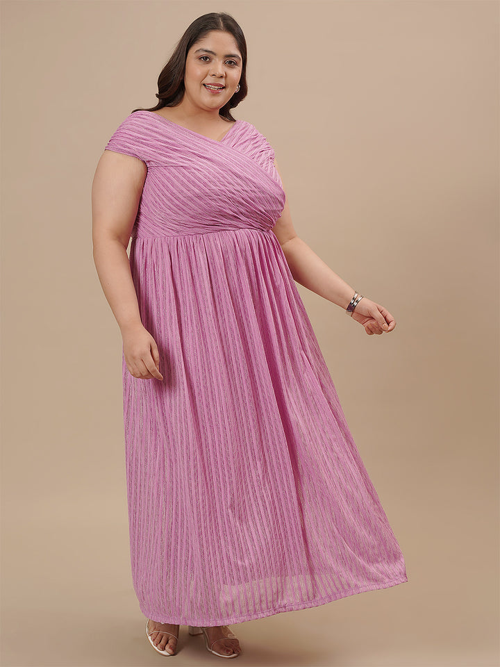 Plus-size woman in front right angle view wearing Purple Plus Size Off Shoulder Dress with soft pleats and fitted bodice