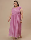Plus-size woman in front view wearing Purple Plus Size Off Shoulder Dress featuring sweetheart neckline and flared fit