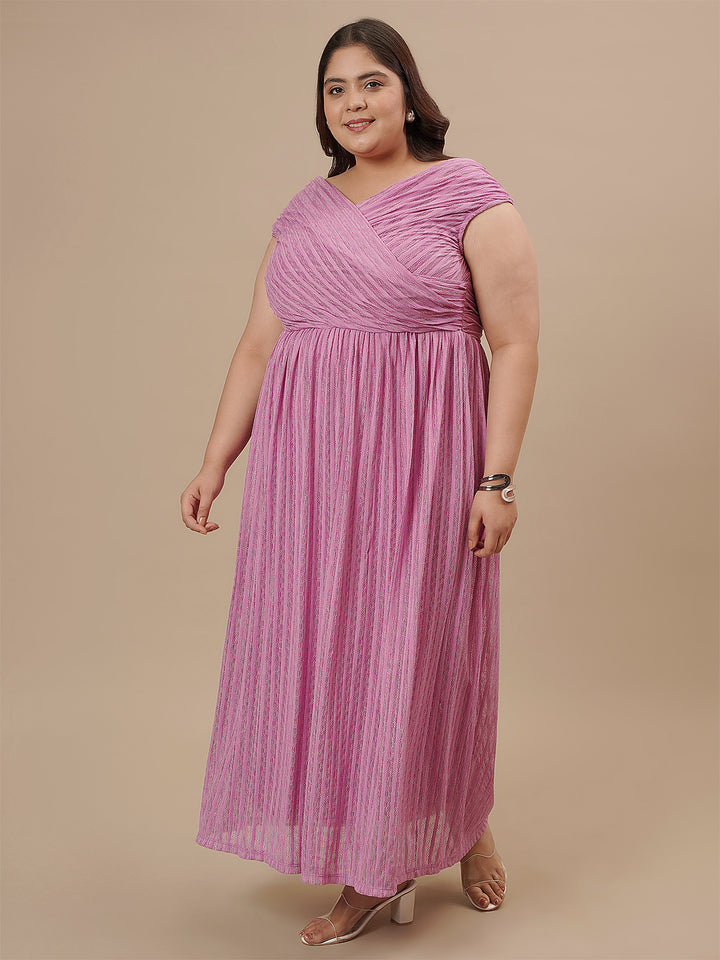 Plus-size woman in front view wearing Purple Plus Size Off Shoulder Dress featuring sweetheart neckline and flared fit