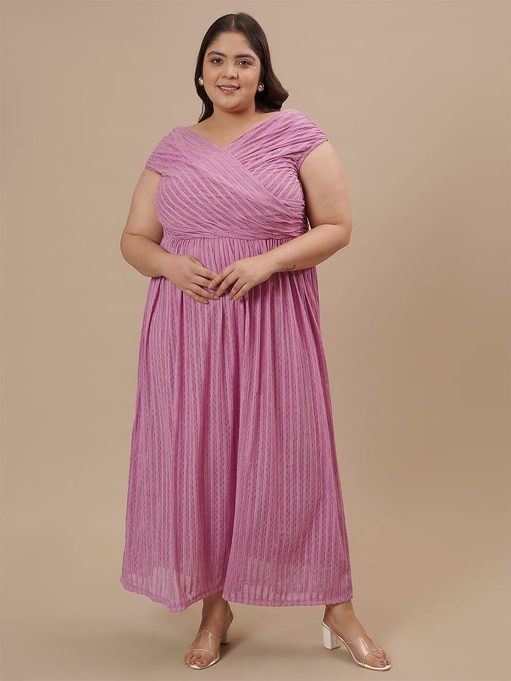 Plus-size woman with hands joined wearing Purple Plus Size Off Shoulder Dress showing elegant neckline and structure