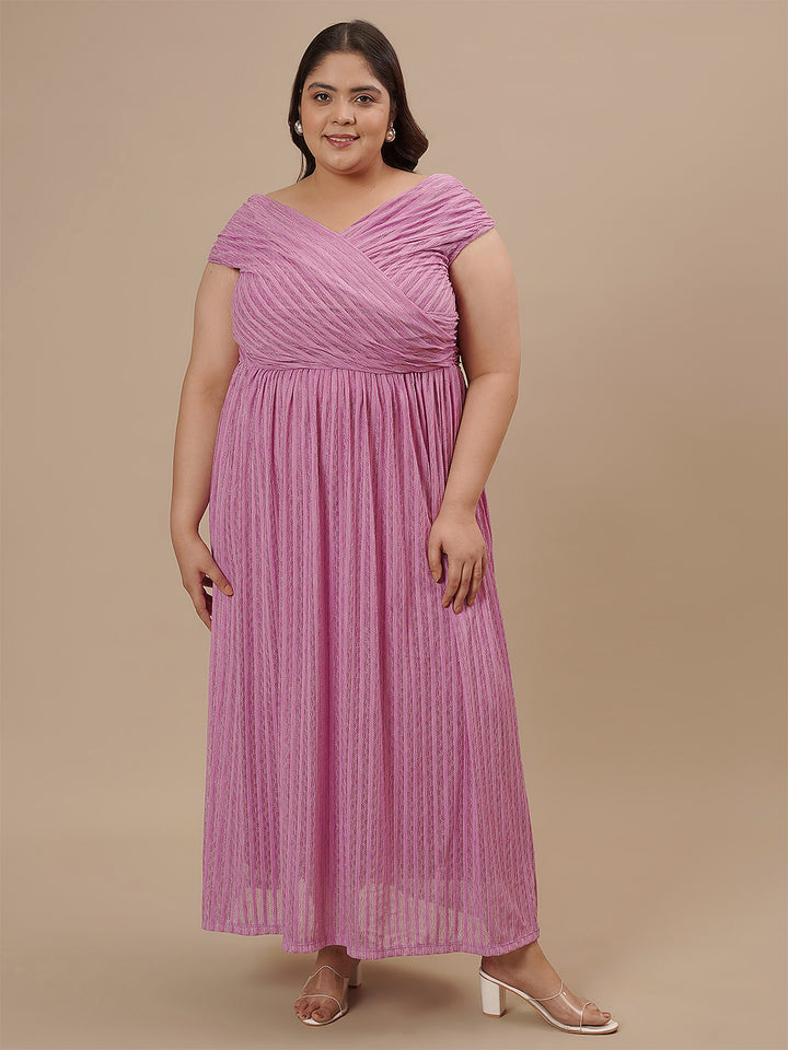 Plus-size woman standing in Purple Plus Size Off Shoulder Dress with flared hem and ruched bodice