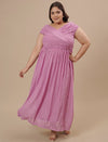 Plus-size woman walking forward in Purple Plus Size Off Shoulder Dress with off-shoulder sleeves and A-line shape