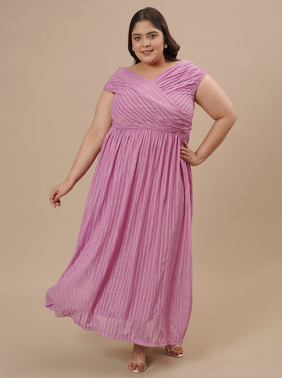 Plus-size woman walking forward in Purple Plus Size Off Shoulder Dress with off-shoulder sleeves and A-line shape