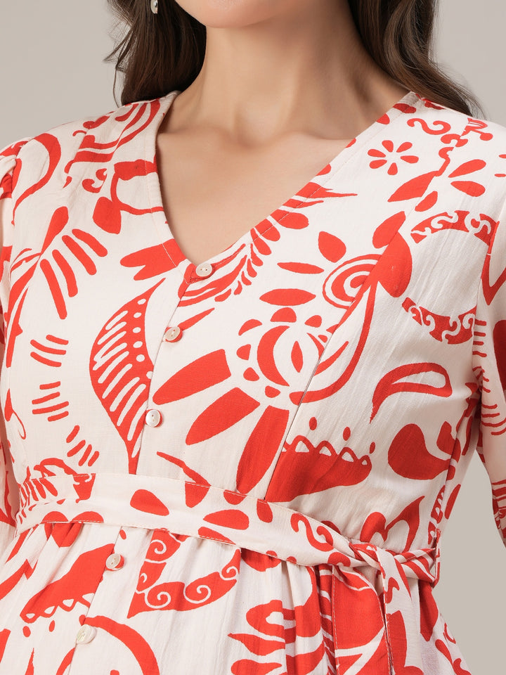 Maternity & Nursing Red Abstract Cotton Maxi Dress
