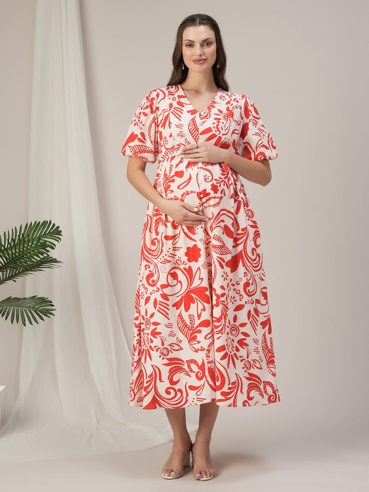 Maternity & Nursing Red Abstract Cotton Maxi Dress