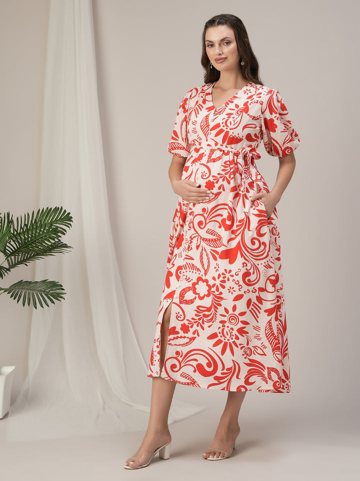 Maternity & Nursing Red Abstract Cotton Maxi Dress