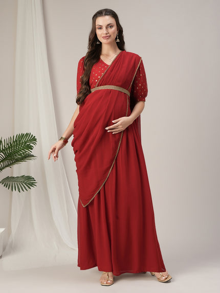 Red Maternity & Nursing Saree Dress with Detachable Belt