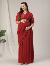 Red Maternity & Nursing Saree Dress with Detachable Belt