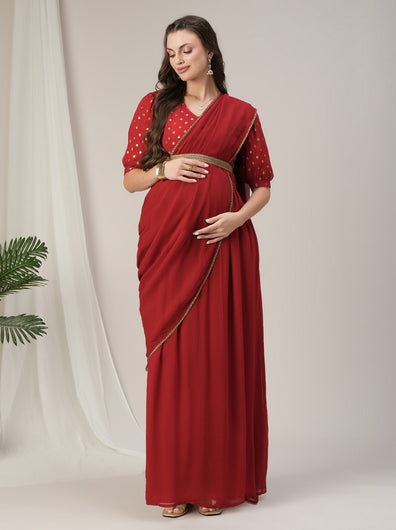 Red Maternity & Nursing Saree Dress with Detachable Belt