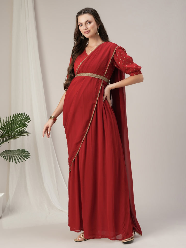Red Maternity & Nursing Saree Dress with Detachable Belt