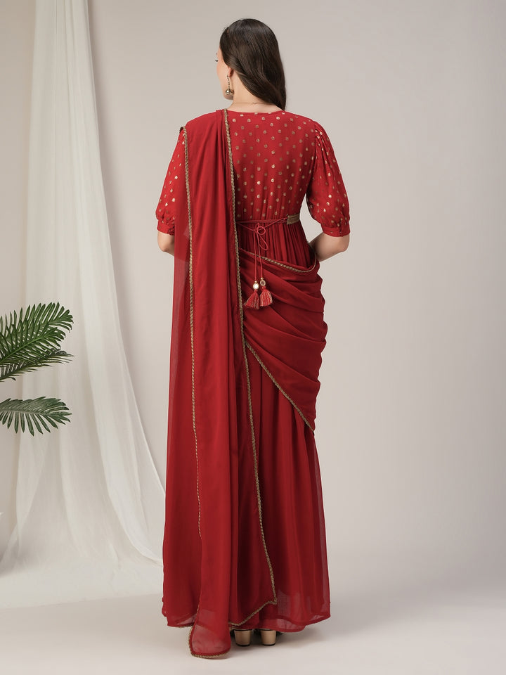 Red Maternity & Nursing Saree Dress with Detachable Belt
