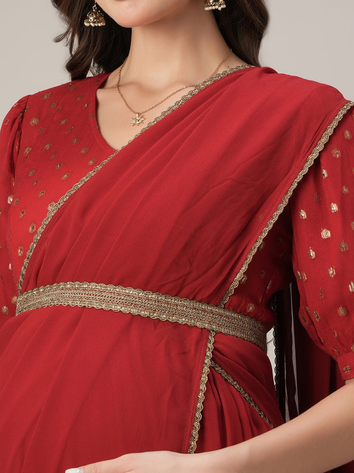 Red Maternity & Nursing Saree Dress with Detachable Belt