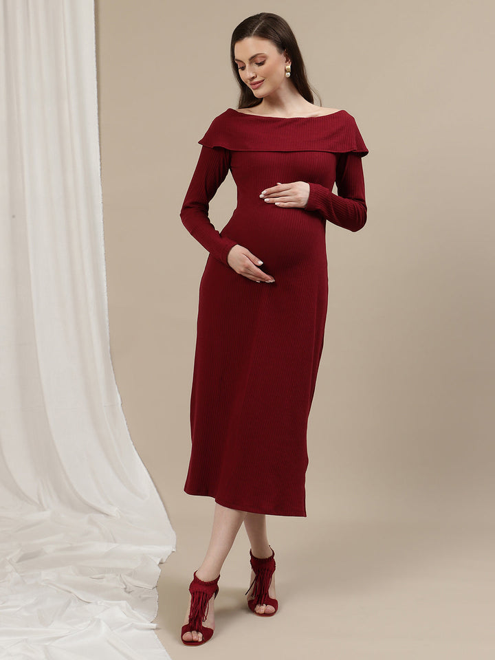 Maternity Bodycon Fitted Dress- Burgundy