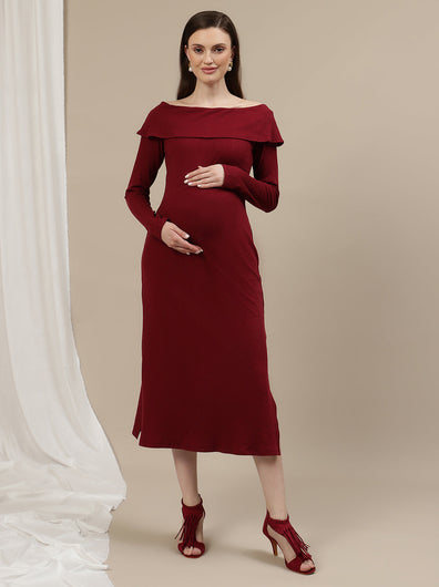 Maternity Bodycon Fitted Dress- Burgundy