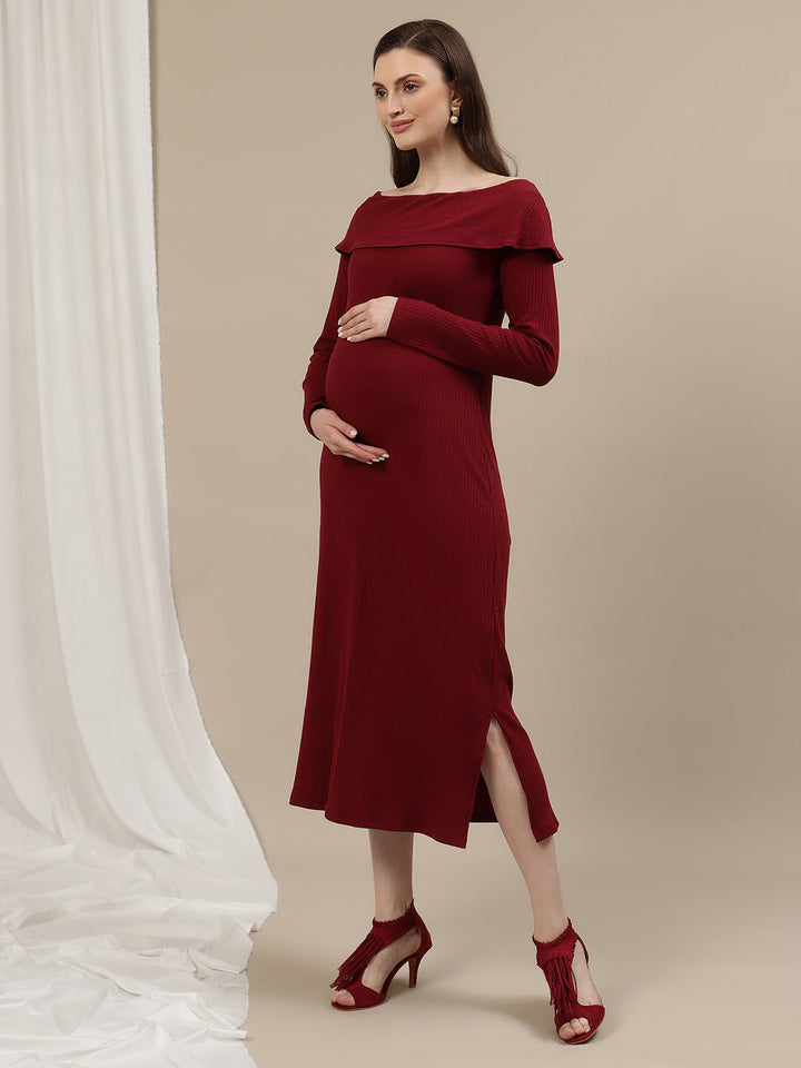 Maternity Bodycon Fitted Dress- Burgundy