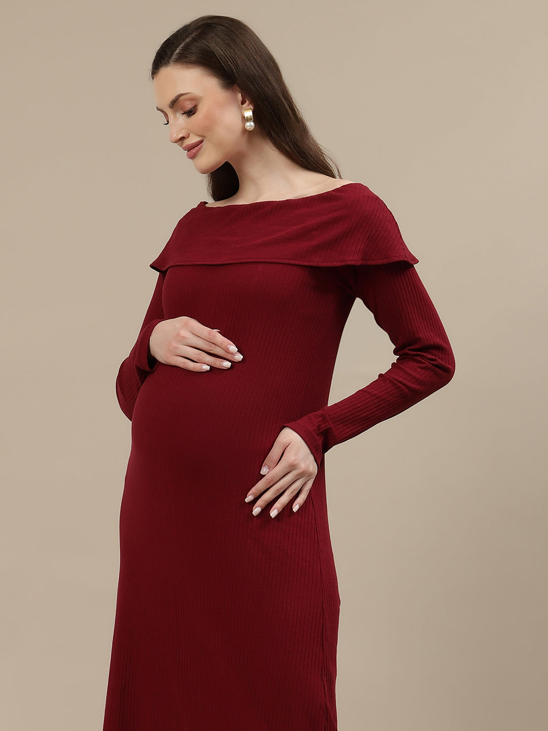 Buy Off-Shoulder Maternity Bodycon Dress -Burgandy