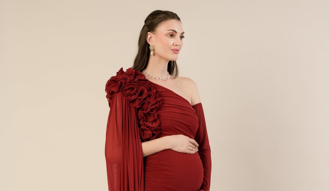 Red Baby Shower Maternity Shoot Bodycon Gown with Detchable Sleeve
