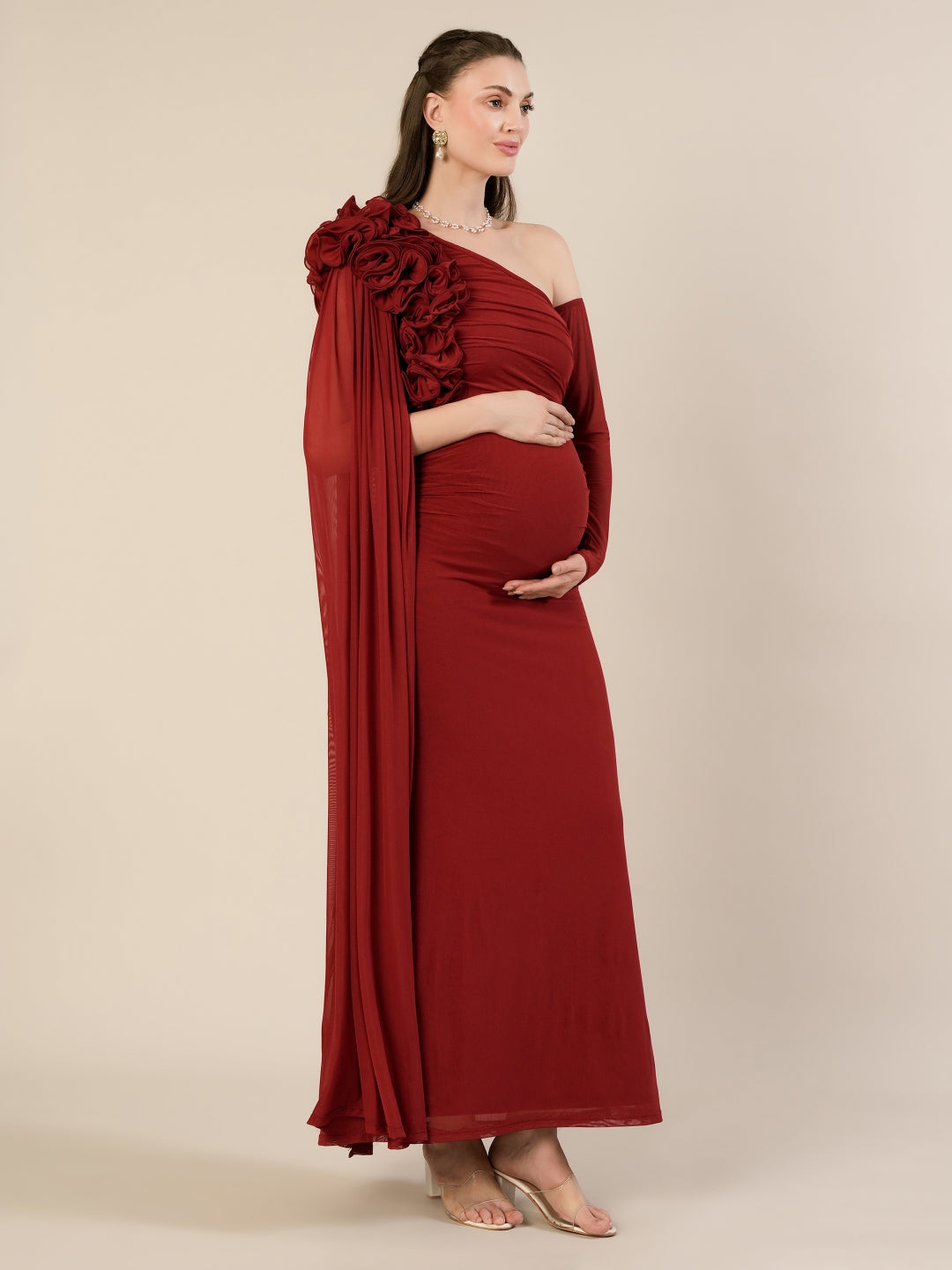 Red Baby Shower Maternity Shoot Bodycon Gown with Detchable Sleeve