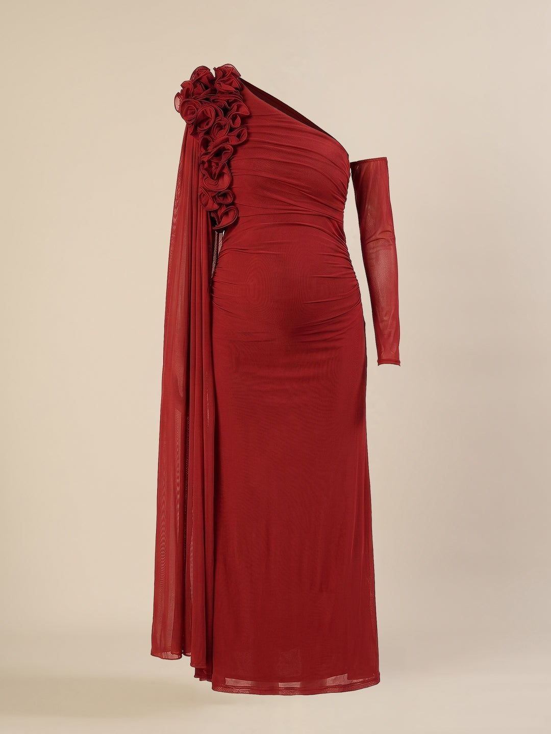 Red Baby Shower Maternity Shoot Bodycon Gown with Detchable Sleeve