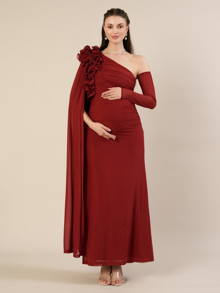 Red Baby Shower Maternity Shoot Bodycon Gown with Detchable Sleeve