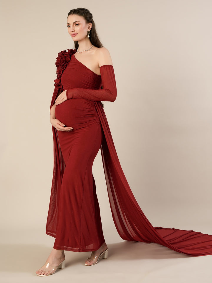 Maternity Red Bodycon Gown with Detachable Train and Sleeves